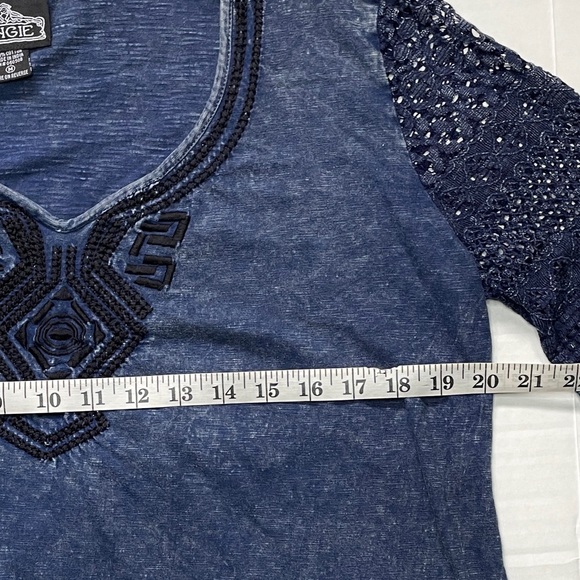 ANGIE Womens Medium Blouse T Shirt Blue Bell Sleeves Embroidered Slim Distressed - Picture 8 of 9